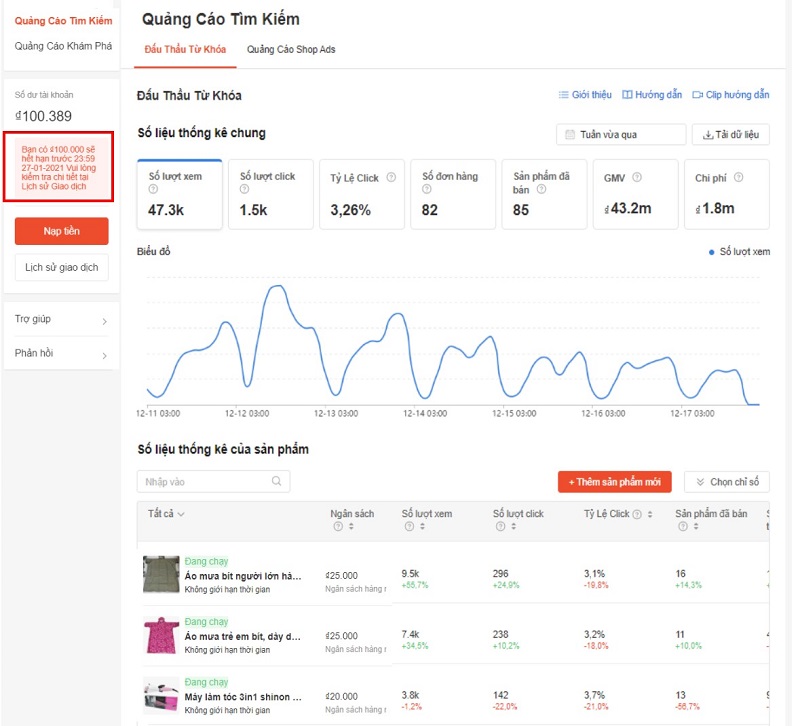 Vị trí từ khoá khi chạy quảng cáo Shopee