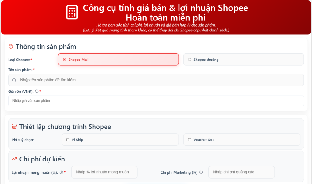 Bảng tính lợi nhuận Shopee của TuKi Group