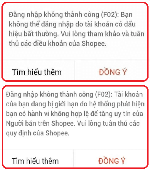Shop bị khoá shop do lỗi F02