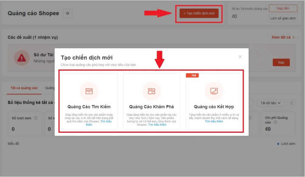 Chọn loại quảng cáo trên Shopee Ads