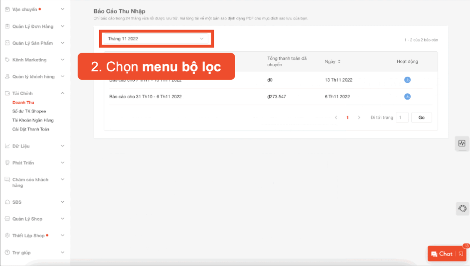 Chọn menu bộ lọc đề tài báo cáo thu nhập