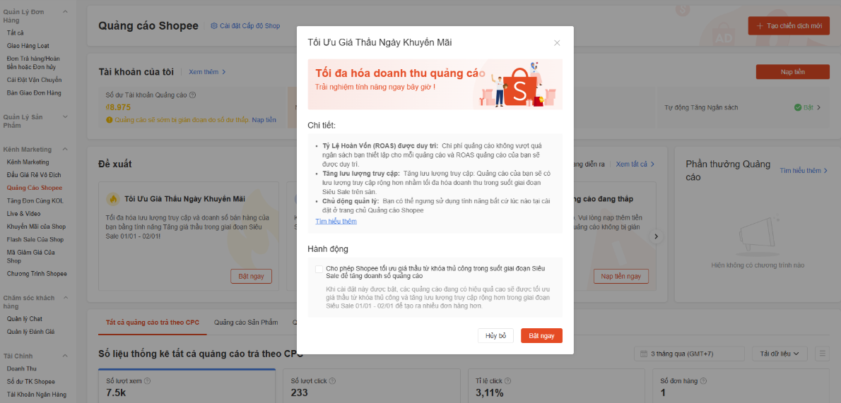 Tối ưu giá thầu khuyến mãi- ngân sách quảng cáo Shopee 