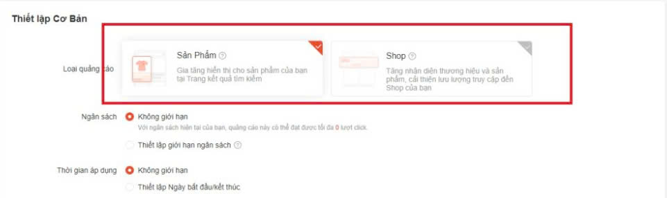 Thiết lập cơ bản chạy quảng cáo sản phẩm vị trí tìm kiếm trên Shopee