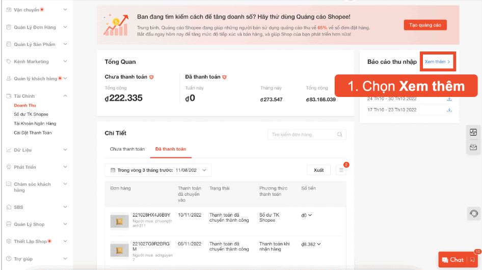 Xem thêm về báo cáo thu nhập dành cho người bán- Chi phí cố định trên Shopee Mall 