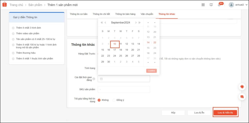 cai dat thoi gian tren kenh nguoi ban