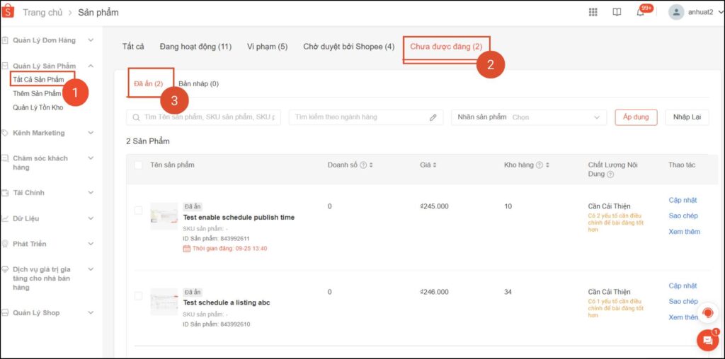 kiem tra cac san pham cai dat thoi gian tren kenh nguoi ban 2