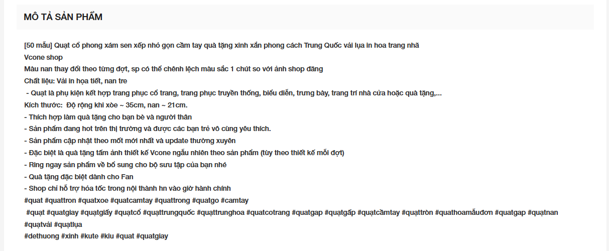Mô tả sản phẩm cần tối ưu chi tiết hiển thị tìm kiếm khi không chạy quảng cáo