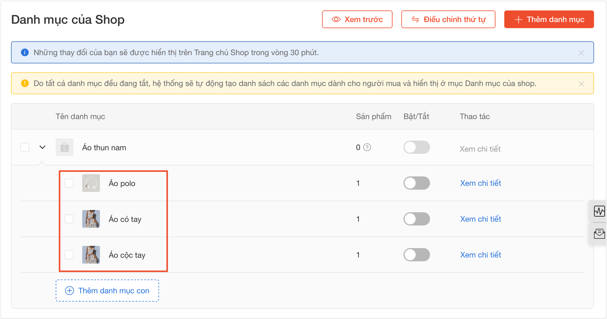 Tạo danh mục sản phẩm trên Shopee