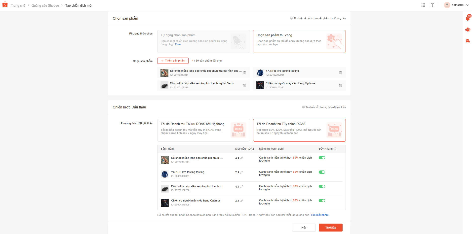 TÍNH NĂNG ĐẨY NHANH DÀNH CHO CHẾ ĐỘ TỐI ĐA DOANH THU – TÙY CHỈNH ROAS