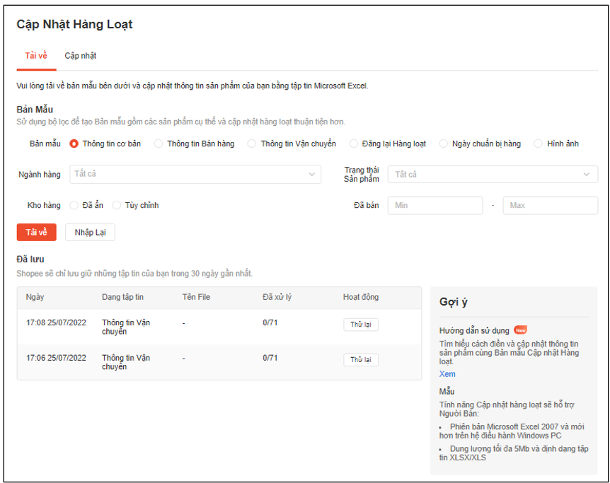 [MỚI] BỘ LỌC DÀNH CHO TÍNH NĂNG CẬP NHẬT HÀNG LOẠT TRÊN SHOPEE