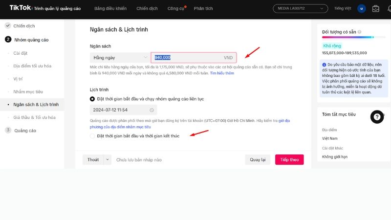 Ngân sách ads TikTok quá thấp